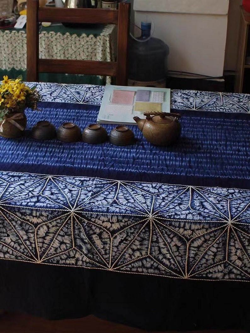 Yunnan Handmade Plant Tie Dye Blue Color Cotton Table Cloth, With Hand String Embroider Blue Procelin, Four Designs image 1