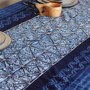 Yunnan Handmade Plant Tie Dye Blue Color Cotton Table Cloth, With Hand String Embroider Blue Procelin, Four Designs image 2