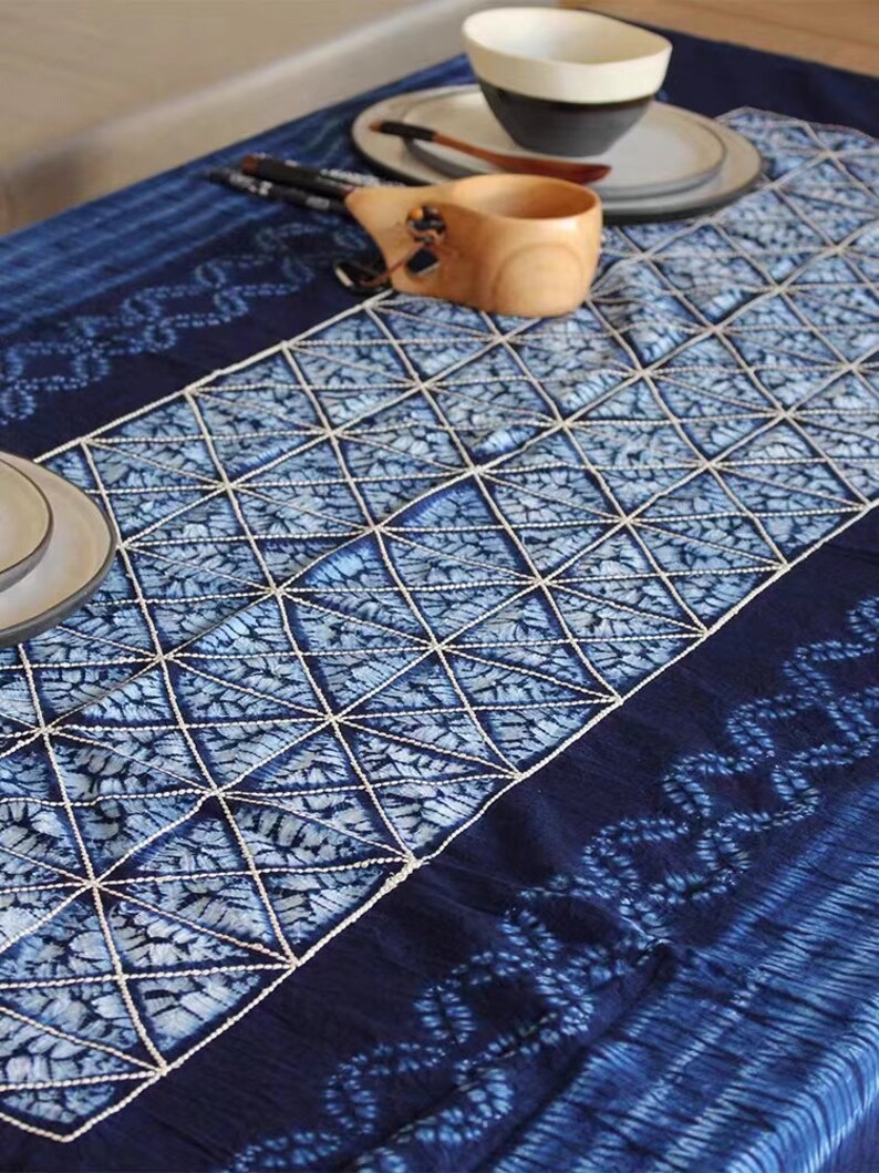 Yunnan Handmade Plant Tie Dye Blue Color Cotton Table Cloth, With Hand String Embroider Blue Procelin, Four Designs image 2