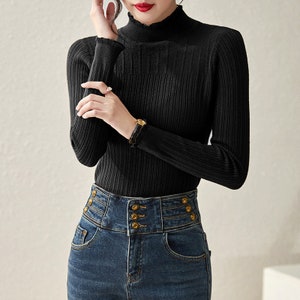 New Design French Herben Style Woman Top, Premium Knitted Material Undershirt, Sexy Turtleneck Top Black