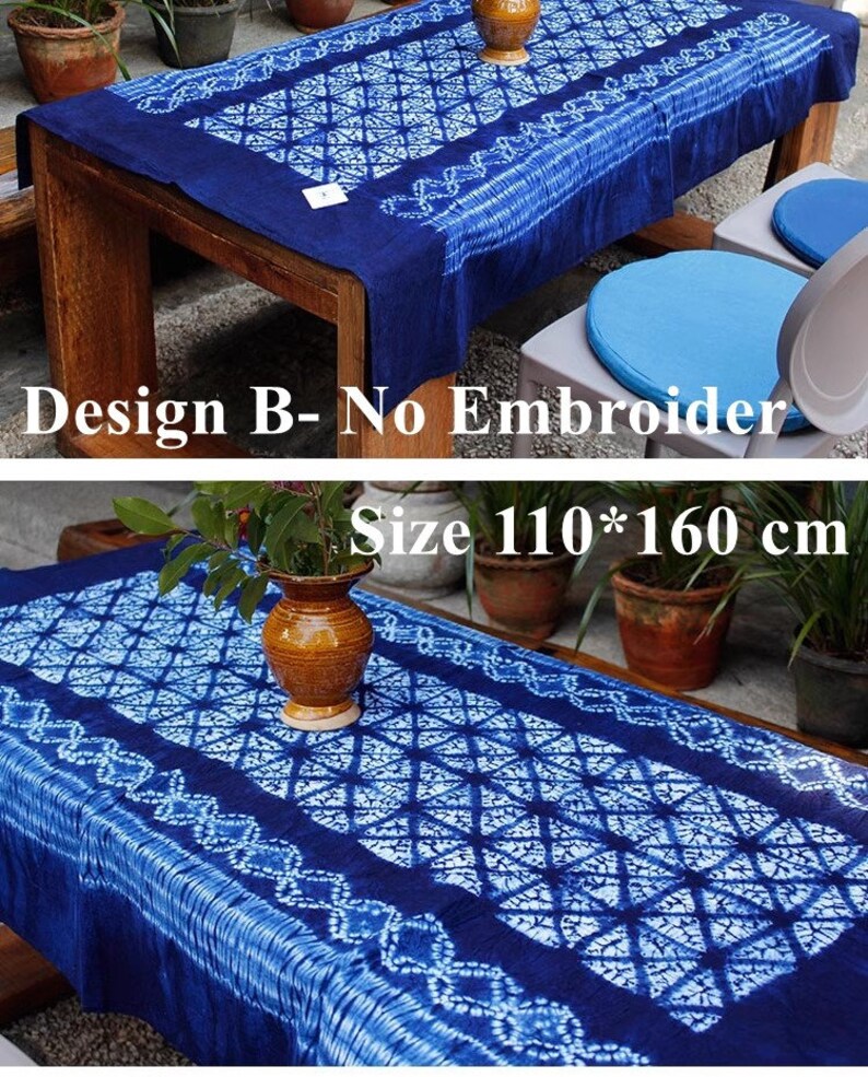 Yunnan Handmade Plant Tie Dye Blue Color Cotton Table Cloth, With Hand String Embroider Blue Procelin, Four Designs image 5