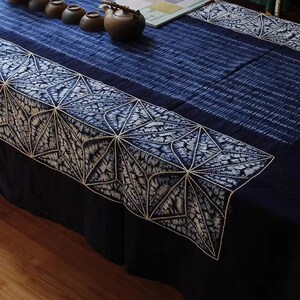 Yunnan Handmade Plant Tie Dye Blue Color Cotton Table Cloth, With Hand String Embroider Blue Procelin, Four Designs image 8