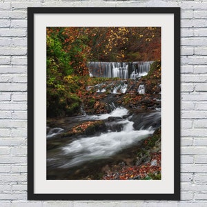 May include: A cascading waterfall flows through a lush forest setting. The water is clear and white, and the rocks are covered in moss and fallen leaves. The trees are a mix of green and yellow, and the leaves are changing color for autumn.