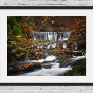 May include: A framed photograph of a waterfall cascading over rocks in a forest. The water is flowing over moss-covered rocks and the leaves on the trees are turning yellow and orange.