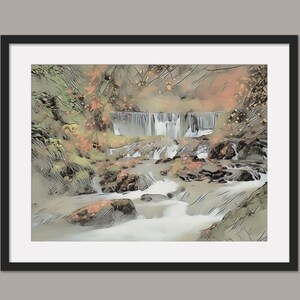 May include: A watercolor painting of a small waterfall cascading down rocks in a forest. The water is a light blue and the rocks are a dark brown. The trees are a light green and the leaves are a light orange. The painting has a soft, dreamy feel.