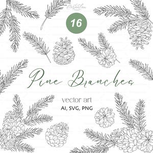Pacchetto Pine Svg, Pigna SVG, Contorno di vegetazione invernale Clipart, Line Art Pine Svg, SVG botanico Pubblicità GRATUITA per prodotti FISICI