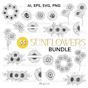 Sunflowers SVG Bundle, SVG Sunflower design, Hand Drawn Sunflowers, Floral Cut Files, Sunflowers Monogram SVG, Black and White Sunflower