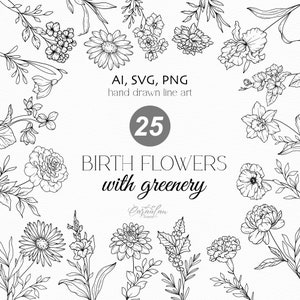 Pacote SVG de flores do mês de nascimento, clipart de flores de nascimento, arte de linha de flores de nascimento, buquê de flores mês de nascimento, design de tatuagem de flor de aniversário