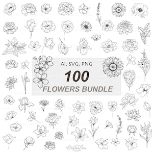 Lot de fleurs SVG, Svg de fleurs, Clipart Svg floral, lot de svg floral, dessin au trait clipart botanique, dessin au trait floral, fichiers SVG à usage commercial