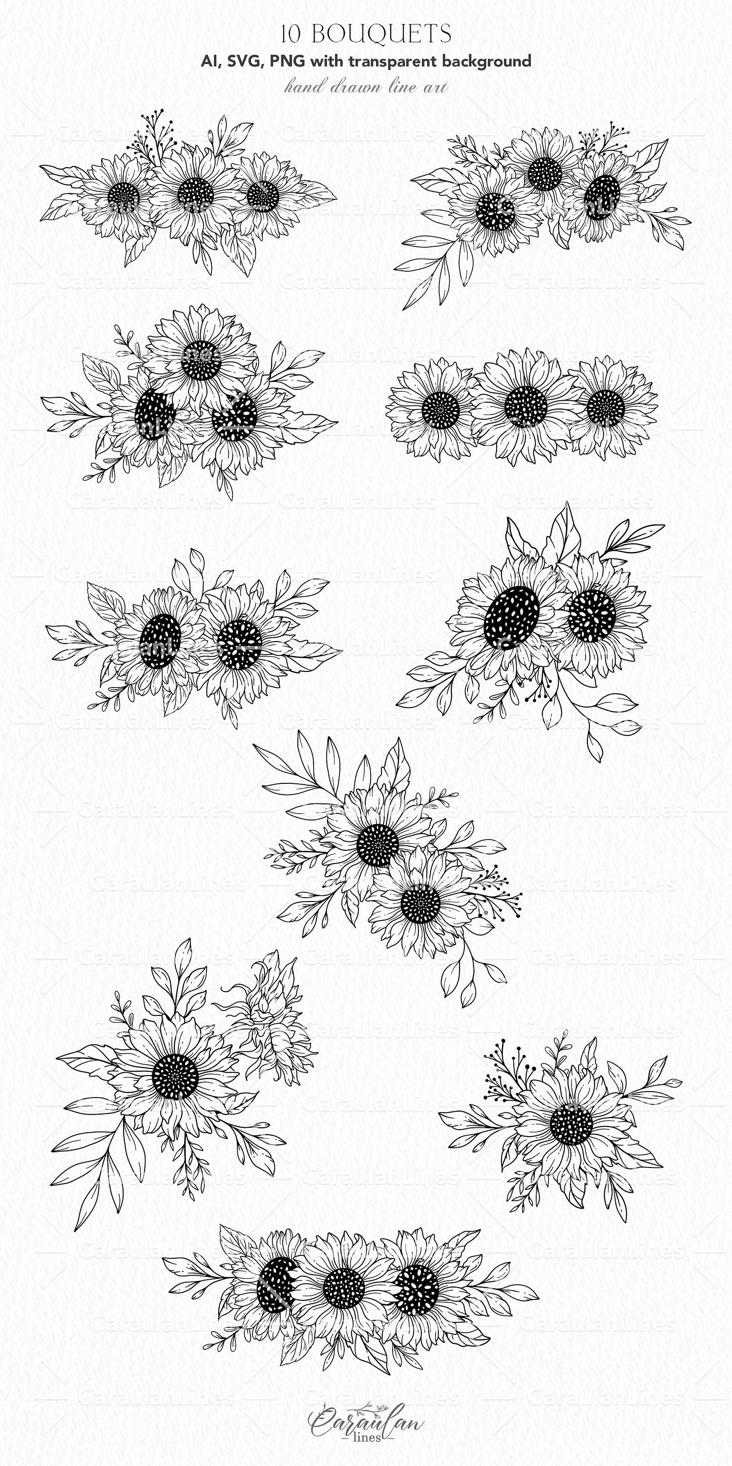 Sunflowers SVG Half Sunflower SVG Sunflower Line Art Hand - Etsy
