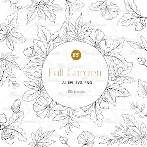 Pode incluir: Ilustração a preto e branco de folhas de outono, bolotas e bagas. Um design circular central mostra "Fall Garden" com o número "65" num círculo dourado. Inclui formatos de arquivo AI, EPS, SVG e PNG.