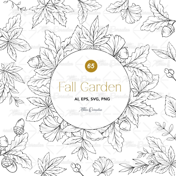 Clipart SVG de follaje otoñal: hojas botánicas, robles y flores otoñales (descarga digital)