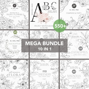 Floral BUNDLE Svg, Floral Line Art, Svg flowers, Svg leaves, Botanical Line Art, Floral Svg files, Wedding Design SVG, Fine Line Flowers