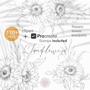 May include: Black and white line art clip art of sunflowers, leaves, and bouquets. The text "110+ PNG" and "Procreate Stamps Included" is visible in the image.