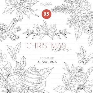 Pacchetto SVG di Natale, SVG di Natale botanico, Pino, Pigna, Contorno clipart di Natale, Uso commerciale GRATUITO per prodotti fisici