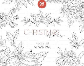 Botanical Christmas SVG Bundle: Hand Drawn Pine & Holly Clipart (Digital Download)