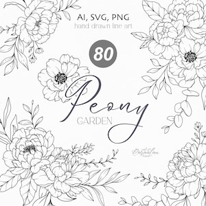 Pfingstrose Linie Art, Pfingstrose SVG, botanische Clipart svg, handgezeichnete Pfingstrosenblumen, botanische Linie Kunst PNG, SVG Blumen, Hochzeit svg blumen