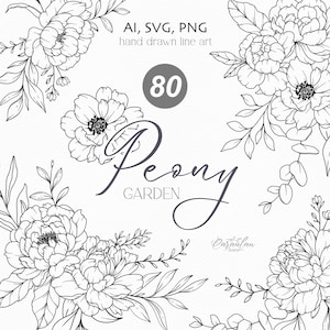 Peony Line Art, Peony SVG, Botanical Clipart svg, Hand Drawn Peony Flowers, Botanical Line Art PNG, SVG Flowers, wedding svg flowers