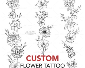 Birth Flower Spine Tattoo Custom Design, Birth Month Flower, Birth Flower Custom, Family Bouquet Design, Vertical Spine Birth Month Tattoo