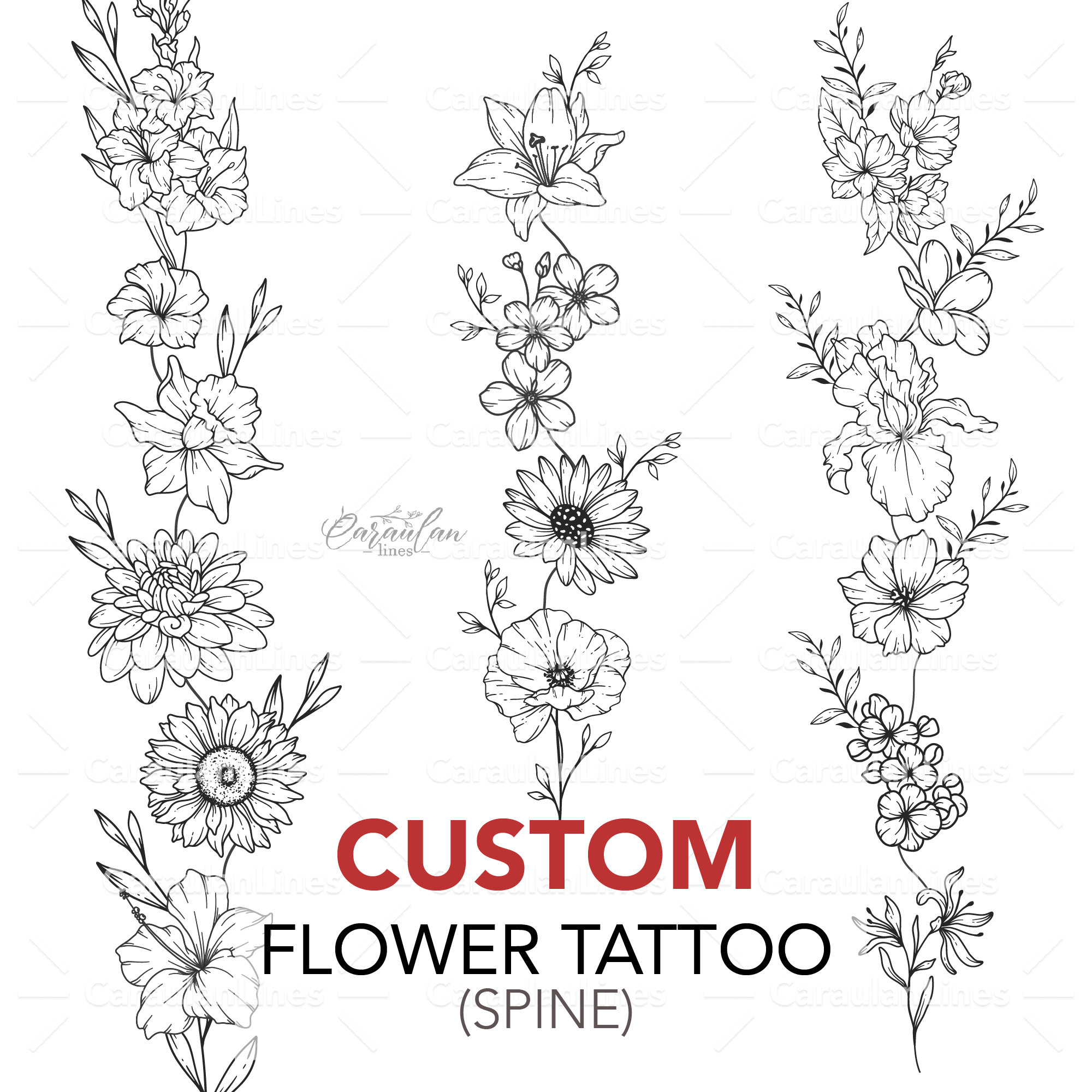 Birth Flower Spine Tattoo Custom Design, Birth Month Flower, Birth Flower Custom, Family Bouquet Design, Vertical Spine Birth Month Tattoo