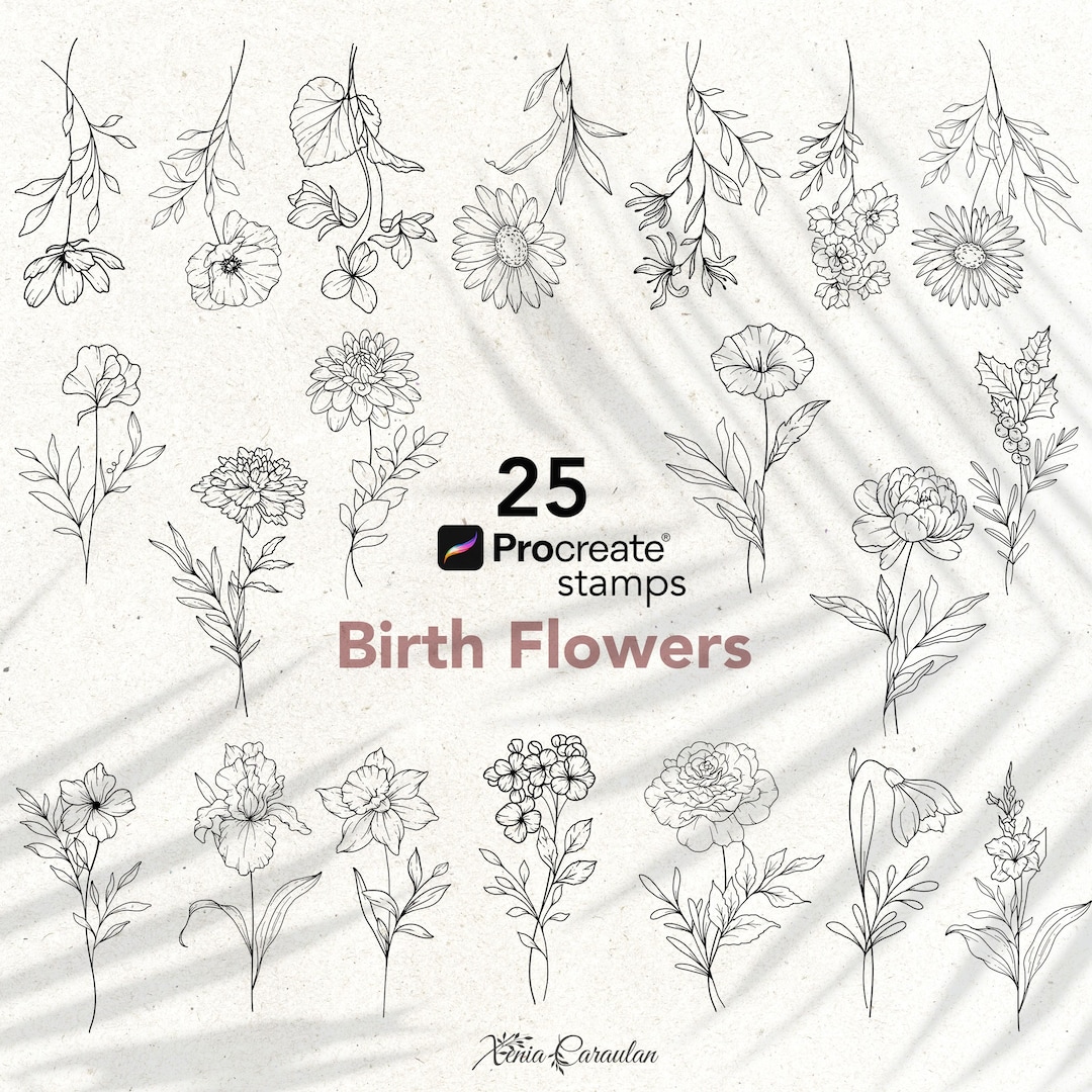 Procreate Flower Stamps - Birth Flower Brushes for Tattoo. Fine Line ...