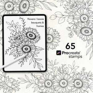 65 sellos de girasoles para Procreate, pinceles florales para tatuajes de Procreate, sellos florales para Procreate, arte lineal de tatuajes de girasoles