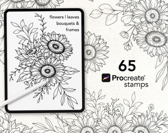 65 Sunflower Procreate Stamps, Procreate floral Tattoo Brushes, Procreate Flower Stamp,  Procreate Floral stamps, Sunflowers Tattoo Line Art