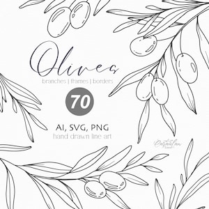 Ramo d'ulivo Svg, Olive disegnate a mano Line Art, Clipart d'oliva, Botanical Line Art PNG, Olive Wreath SVG, Olive Line Drawing, Uso commerciale