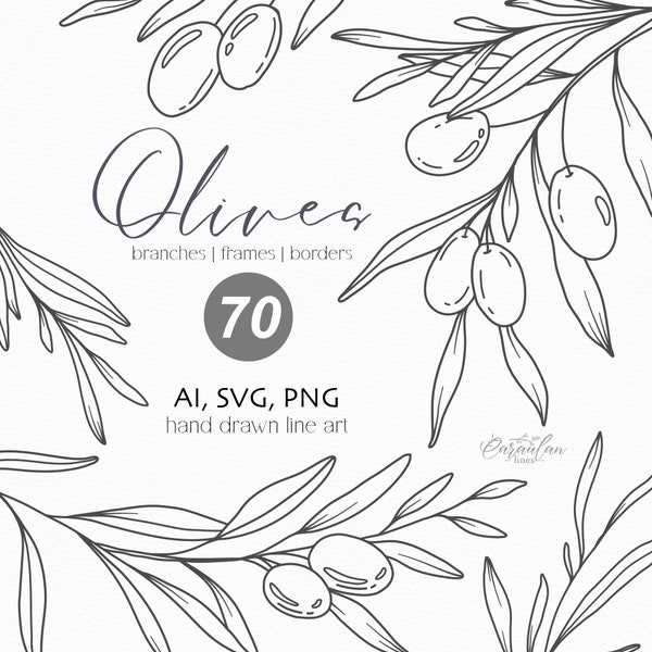 Olive Branch Svg, Hand Drawn Olives Line Art, Olive Clipart, Botanical Line Art PNG, Olive Wreath SVG, Olive Line Drawing, Commercial Use