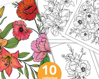 Flower Coloring Pages, Printable Coloring Book, Floral Coloring Pages for Adults, Printable Colouring Pages with Flowers, Botanical Coloring