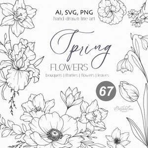 Floral lijntekeningen, lentebloemen SVG, lentebloemen clipart, botanische clipart SVG, hand getekende bloemen, botanische lijntekeningen, bruiloft graphics