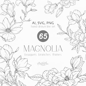 Magnolie SVG, Magnolie Linie Zeichnung SVG, handgezeichnete Magnolie, Botanische Linie Kunst PNG, SVG Magnolie Rahmen, Magnolie Illustrationen