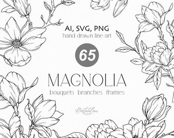 Pacchetto SVG Magnolia - Disegni floreali a mano. File SVG botanici. Uso commerciale gratuito.