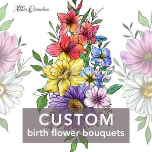 Custom Birth Month Flower, Custom Color Birth Flower Bouquet Tattoo, Personalized Floral Tattoo, Family Bouquet, Birthday Flower Tattoo