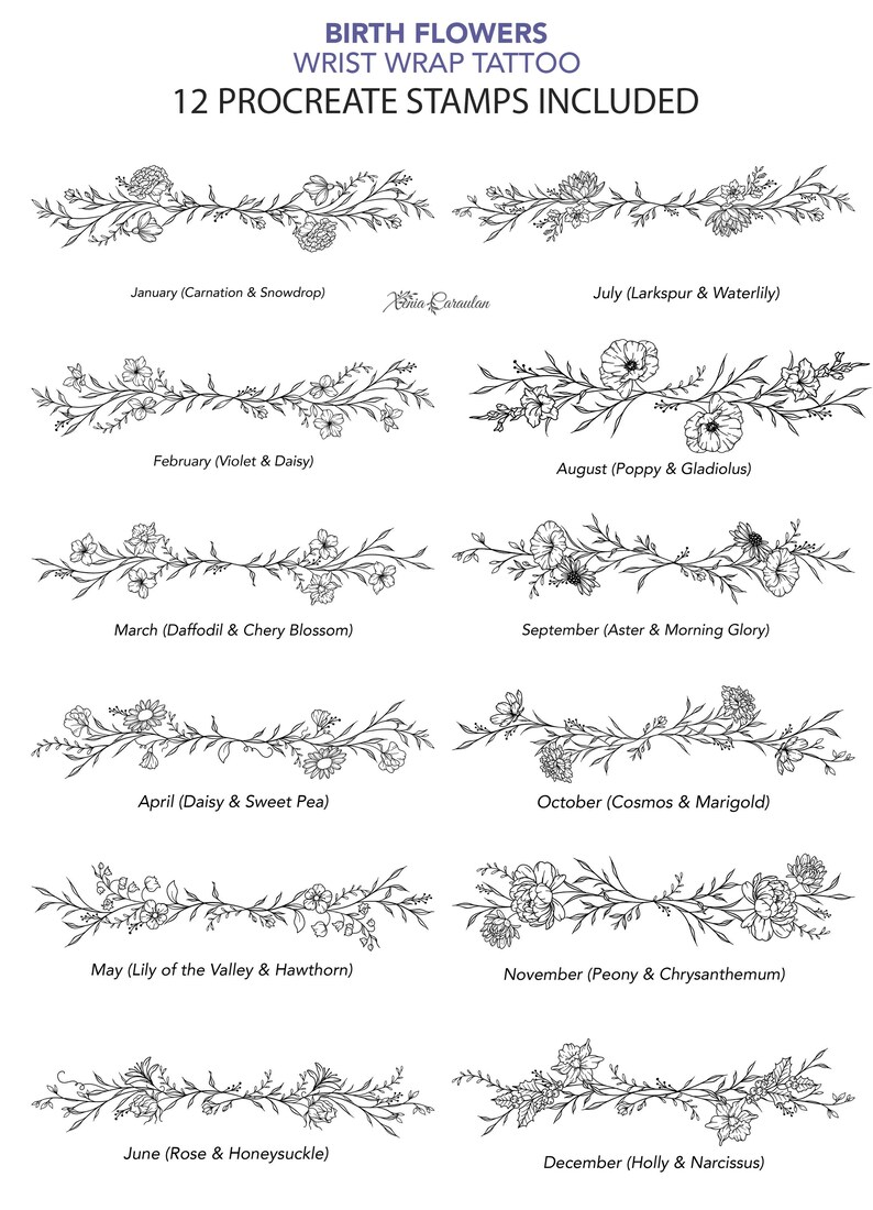 Birth Month Floral Procreate Tattoo Stamps: Wrist Wrap Flower Designs ...