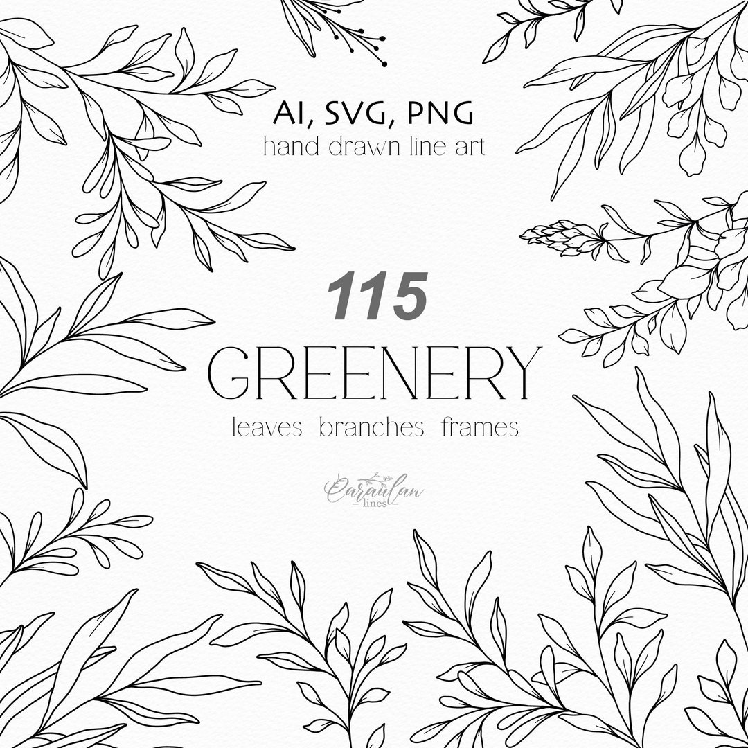 Greenery Line Art, Floral Line Art, Botanical SVG, Hand Drawn Leaves