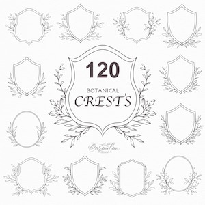 Bruiloft Crest SVG bundel, botanische Crest SVG, met de hand getekend groen, bloemenlijntekeningen, vintage Crest SVG, bladeren en takken Crest clipart