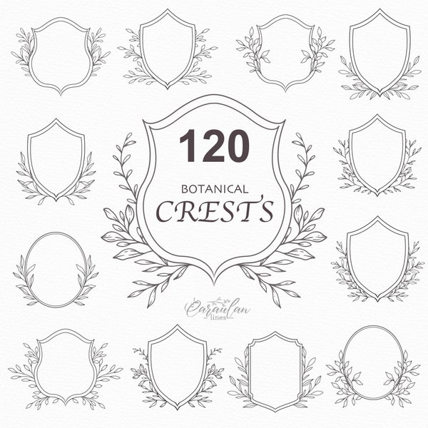 Wedding Crest SVG Bundle, Botanical Crest SVG, Hand Drawn Greenery, Floral Line Art, Vintage Crest SVG, Leaves and Branches Crest clipart