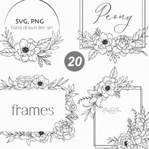 Blumenrahmen, Floral Linie Art SVG, Botanische Clipart svg, Hand gezeichnete Pfingstrose Rahmen, minimalistische Blumenhochzeitseinladung Clipart