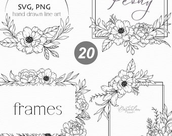 Floral Frames, Floral line Art SVG, Botanical Clipart svg, Hand Drawn Peony Frames, Minimalist Floral Wedding Invitation Clipart