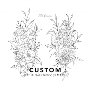 Geburts-Blumen-Tätowierung, Geburts-Monats-Blumen-kundenspezifischer Blumenstrauß, Familien-Blumenstrauß-Design, kundenspezifisches Tattoo-Design, Geburtstags-Blumen-Tattoo-Design