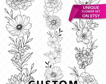 Birth Flower Spine Tattoo Custom Design, Birth Month Flower, Birth Flower Custom, Family Bouquet Design, Vertical Spine Birth Month Tattoo