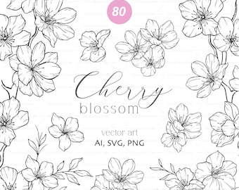 Cherry Blossom SVG, Floral Line Art, Cherry Blosson Line Art, Sakura clipart, Hand Drawn Botanical Line Art, Floral Svg Bundle