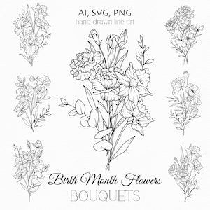 Pacote SVG de flores do mês de nascimento, buquês de mês de nascimento, arte em linha de flores de nascimento, buquê de família, mês de nascimento, design de tatuagem de flor de aniversário