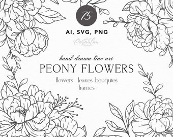 Peony Line Art, Peony SVG, Botanische Clipart svg, Hand getrokken Peony Bloemen, Botanische Line Art PNG, SVG Bloemen, bruiloft svg bloemen