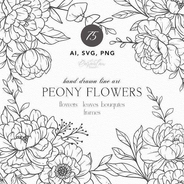 Peony Line Art, Peony SVG, Botanical Clipart svg, Hand Drawn Peony Flowers, Botanical Line Art PNG, SVG Flowers, wedding svg flowers