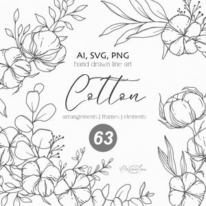 Fichiers SVG coton, coton clipart, clipart botanique svg, coton tiges dessinés à la main, fil fin coton, coton plante des cliparts noir et blanc