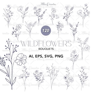 Wildflower Bouquets SVG Bundle, Floral Line Art, Botanical Line Art Flowers, Wildflower Bouquet Clipart, Wedding Monogram Flowers SVG