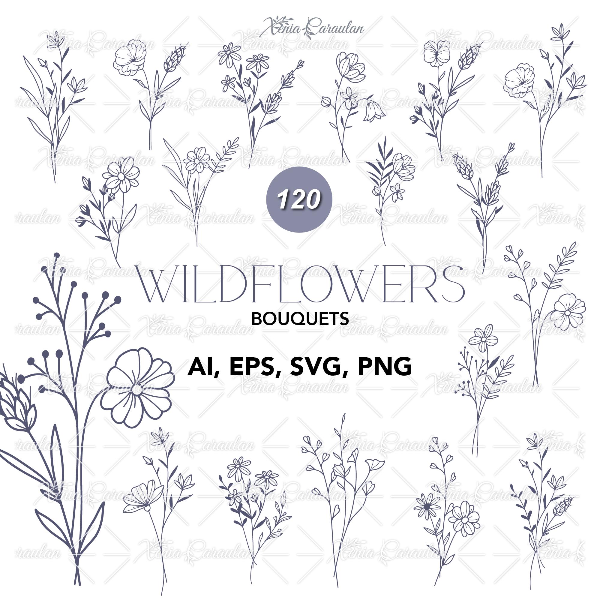 Wildflower Bouquet SVG Bundle: Floral Line Art Clipart (digital ...