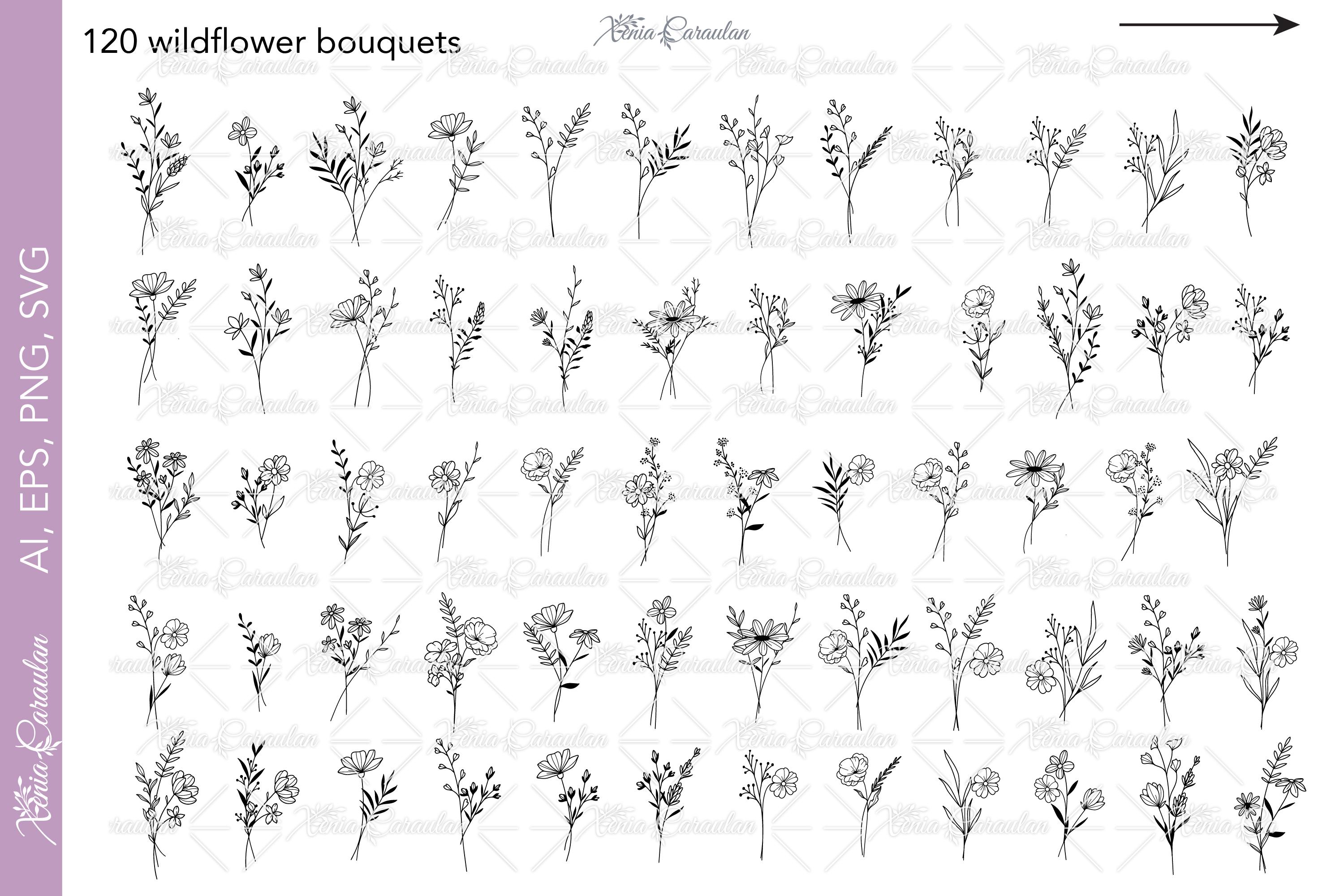 Wildflower Bouquet SVG Bundle: Floral Line Art Clipart (digital ...